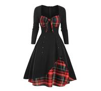 WEITING Élégante robe vintage mince à manches longues et col en V pour femmes, robe tendance de Noël, fête de Noël, rouge et noir, M