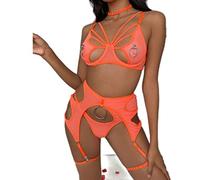 WEITING Ensemble de lingerie sexy 4 pièces avec soutien-gorge découpé, sous-vêtements fantaisie, jarretelles, string et anneaux en dentelle, orange fluo, M