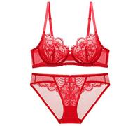 WEITING Ensemble de soutien-gorge en dentelle ultra fine 2023 - Lingerie sexy en maille transparente - Sous-vêtements pour femme - Grande taille - A B C D E - Bonnet 95C 95D-Rouge, 95C