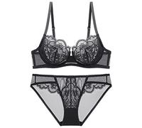 WEITING Ensemble de soutien-gorge en dentelle ultra fine 2023 - Lingerie sexy en maille transparente - Sous-vêtements pour femme - Grande taille - A B C D E - Bonnet 95C 95D - Noir - 80D