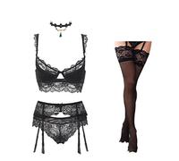 WEITING Ensemble soutien-gorge push-up sexy en dentelle noire + culotte + porte-jarretelles + bas + collier sous-vêtements de Noël - noir, 90D