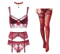 WEITING Ensemble soutien-gorge push-up sexy en dentelle noire + culotte + porte-jarretelles + bas + collier sous-vêtements de Noël - Rouge vin, 95D