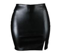 WEITING Femmes Micro Jupe Taille Haute Latex PU Cuir Moulante Jupes Crayon Dames Couleur Unie Noir Fermeture Éclair Fente Latérale Mini-Jupe Clubwear-Noir-M