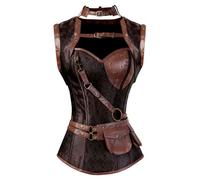 WEITING Femmes Steampunk Vintage Pu Cuir Corset Bustier avec Veste Halter Overbust Corset Lingerie Top Pirate Costume Grande Taille-2081Marron-XL