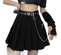 WEITING Fille Punk Été Gothique Jupe Rue Casual Fermeture Éclair Taille Haute Robe Noire Sexy Mini Jupe Plissée Ceinture Chaîne-1,M