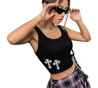 WEITING Gothique Croix Foncé Broderie Gothique Côtelé Débardeur Serré Sexy Femmes Débardeur Punk Mode Streetwear Haut Court-Noir-M