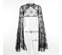 WEITING Gothique Dentelle Foncé Élégant Chemise Courte Centre Commercial Gothique Cloche Manches Sexy Haussement Top Femmes Floral Costume De Fête-Noir-M