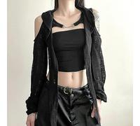 WEITING Gothique Foncé Épaule Ouverte Cardigan Court À Capuche Short Sexy Femmes Punk Boutonné Chemises Streetwear-Noir-M