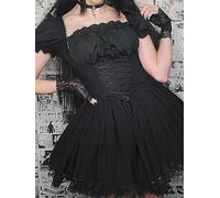 WEITING Gothique Noir Corset Femmes Harajuku Rétro Dentelle Jolie À Lacets Taille Haute Mini Robe Punk Élégante Robe Trapèze-Noir-L