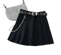 WEITING Gris Noir Punk plissé Minijupe Filles Japonais A-Ligne Patinage Ceinture chaîne Taille Haute Femme Jupe d'été-1-L