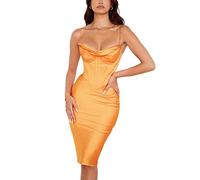 WEITING Haute Qualité Satin Spaghetti Strap Robe Moulante pour Les Femmes D'été sans Manches Dos Nu Double Couche Party Club Robes-Orange Jaune,L