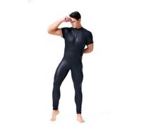 WEITING Hommes Sexy Faux Cuir Noir Combinaison Double Fermeture Éclair Ouvert Entrejambe Body Érotique Mâle Gay Latex Catsuit Érotique Pole Dance Costumes-Noir-XL