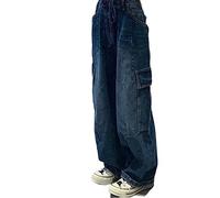 WEITING Jean Cargo Vintage Bleu Foncé Femmes Printemps Y2k Streetwear Taille Haute Ample à Jambes Larges