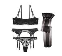 WEITING Lot de 4 sous-vêtements sexy en dentelle pour femme - Soutien-gorge brodé + string + ceinture + bas - Noir - 95D