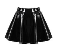 WEITING Mini-Jupe Courte trapèze pour Femme en Cuir Latex Brillant, Mini-Jupe évasée avec Fermeture éclair, Costume de Spectacle de Pole Dance, Noir, L