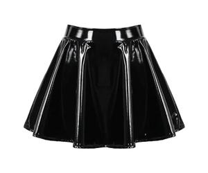 WEITING Mini-Jupe Courte trapèze pour Femme en Cuir Latex Brillant, Mini-Jupe évasée avec Fermeture éclair, Club, Bar, Pole Dance, Costumes de Spectacle-Noir-S