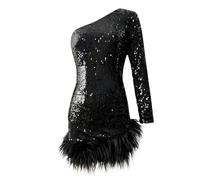 WEITING Mini Robe Noire à Paillettes et Plumes pour Femme, asymétrique épaule dénudée, Dos Nu, Manches Longues, Robe de soirée Sexy, débardeur de fête en Club, Noir, S