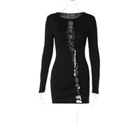 WEITING Mini robe noire ajourée pour femmes, robe de soirée avec chaîne de diamants, col rond, manches longues, robe courte moulante sexy - noir, M