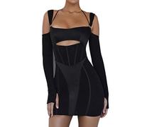WEITING Mini robe sexy ajourée dos nu pour femmes, élégante bretelles spaghetti, robes courtes de fête, vêtements de discothèque, noir, M