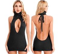 WEITING Mode Sexy Femmes Lacets Dos Nu Vierge Tueur Pull Robe Col Roulé Ouvert Poitrine Creux Tricoté Mini Robes Clubwear-Noir,Taille Unique