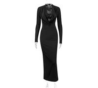 WEITING Noir Profond Col en V Sexy Maxi Robe pour Les Femmes Robe Nouvelle Manches Longues Moulante Club Party Robe Longue Robe-Noir,XS