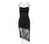 WEITING Patchwork Dentelle Dos Nu Madi Robe pour Les Femmes Printemps Nouveau Spaghetti Strap sans Manches À Lacets Robe Longue Vestidos-Noir,M