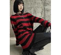 WEITING Punk Gothique rayé Pull Femmes Harajuku évider Trou cassé Pull Femme Automne Mode lâche à Manches Longues tricoté Pull-Midi Rouge Noir-Taille Unique
