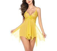 WEITING Pyjama Femme Pyjama Camisole Dentelle Broderie Col V Robe De Nuit Sexy-Jaune,M