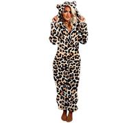 WEITING Pyjamas d'Automne et d'Hiver pour Femmes avec Impression Léopard et Tigre, Manches Longues, Capuche, Combinaison Douce et Chaude en Polaire, Pijama-Marron, XL