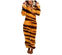 WEITING Pyjamas d'automne et d'hiver pour femmes avec imprimé léopard et tigre - Combinaison à manches longues avec capuche - Polaire douce et chaude - Pijama jaune, taille L