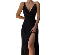 WEITING Robe à bretelles spaghetti, sexy, dos nu, robe portefeuille, robe mi-longue, robe fendue, tenues pour femmes, robes drapées, élégante pour soirée en boîte, Noir , L