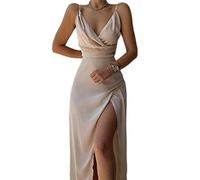 WEITING Robe à bretelles spaghetti, sexy, dos nu, robe portefeuille, robe mi-longue, robe fendue, tenues pour femmes, robes drapées, élégante pour soirée en boîte, kaki, S