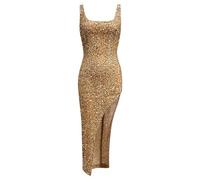 WEITING Robe à Paillettes dorées sans Manches pour Femme - Coupe ajustée - Maxi - Dos Nu - Robe de soirée Sexy pour Femme - Doré - L