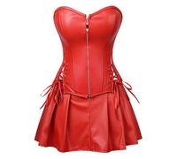 WEITING Robe corset 2 pièces Push Up pour femme rouge noir en simili cuir bustier burlesque basque déguisement corset avec jupe ensemble grande taille-rouge, M