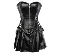 WEITING Robe corset 2 pièces Push Up pour femme rouge noir faux cuir bustier burlesque basque déguisement corset avec jupe ensemble grande taille-noir, S