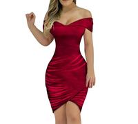 WEITING Robe de soirée en Velours pour Femmes, épaules dénudées, Mini Robe à Volants, Rouge, S