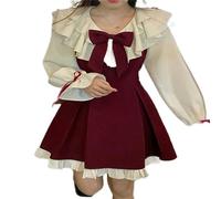 WEITING Robe Douce et Mignonne Costume Femme Kawaii à Volants Bowknot Chemise à Manches Longues Robe à Bretelles Rouge Style collège Robe plissée Mode coréenne-Suit-S