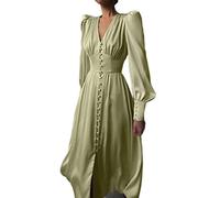 WEITING Robe élégante à simple boutonnage pour femmes, robe de fête, robe longue en satin, robe midi chic à manches lanternes, vert, M