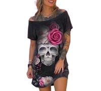 WEITING Robe européenne et américaine de Grande Taille, Robe pour Femme à Manches Courtes avec imprimé tête de Mort à épaules inclinées à la Mode et Sexy-Noir-S
