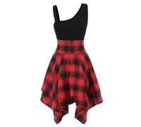 WEITING Robe Femme Punk Gothique À Carreaux Patchwork Robe À Lacets Manches Courtes Robe Irrégulière Été Débardeur Femme Robe Trapèze Femme-Rouge-S