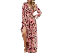 WEITING Robe Longue élégante à col en V Profond pour Femme, imprimé Floral à Volants, Ourlet Ample, Robe pour Femme-comme sur la Photo_c-XL