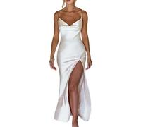 WEITING Robe Longue en Satin de Soie Blanche sans Manches pour Femme - Robe de soirée élégante - Fente Haute - Dos Nu - pour Occasions Formelles - Blanc - L