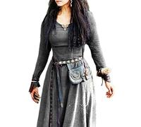 WEITING Robe Médiévale Femmes Manches Longues Maxi Robe Vintage Fée Elfe Robe Renaissance Celtique Viking Gothique Vêtements Fantasy Ball -Gris Foncé,XXXL