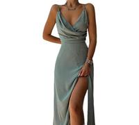 WEITING Robe midi sexy à bretelles spaghetti dos nu avec fente pour femme, robes drapées élégantes, club, fête, vert, S