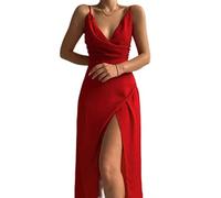 WEITING Robe midi sexy à bretelles spaghetti, dos nu, robe fendue pour femmes, robes drapées élégantes, club, fête, rouge, L