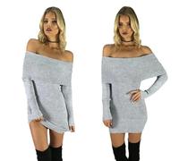 WEITING Robe Pull Sexy à col Bateau et épaules dénudées, Pull tricoté-Gris-Taille Unique