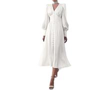 WEITING Robe sexy à col en V à simple boutonnage pour femmes, printemps, automne, robes longues en satin élégantes à manches lanternes pour femmes, fête, blanc, M