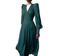 WEITING Robe sexy à col en V simple boutonnage pour femmes printemps automne vintage robes longues en satin élégantes manches lanternes pour femmes fête vert foncé, L