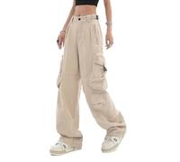 WEITING Salopette rétro jean droit grandes poches salopette abricot jean rétro pantalon ample décontracté jean large ample femme-Abricot-S