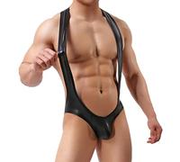 WEITING Sexy Men Undershirt PU Cuir Body Justaucorps Wrestling Singlet Jumpsuit Backless Clubwear Bugle Pouch Gay Underwear-Black,L